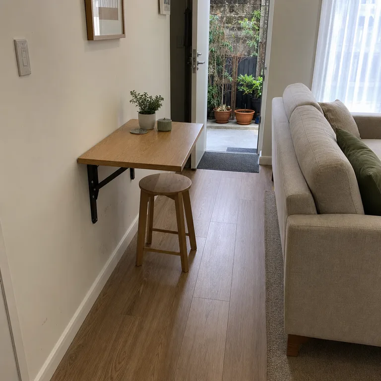 A wall-mounted oak drop-leaf table opens for laptop use and folds away from the living room path.