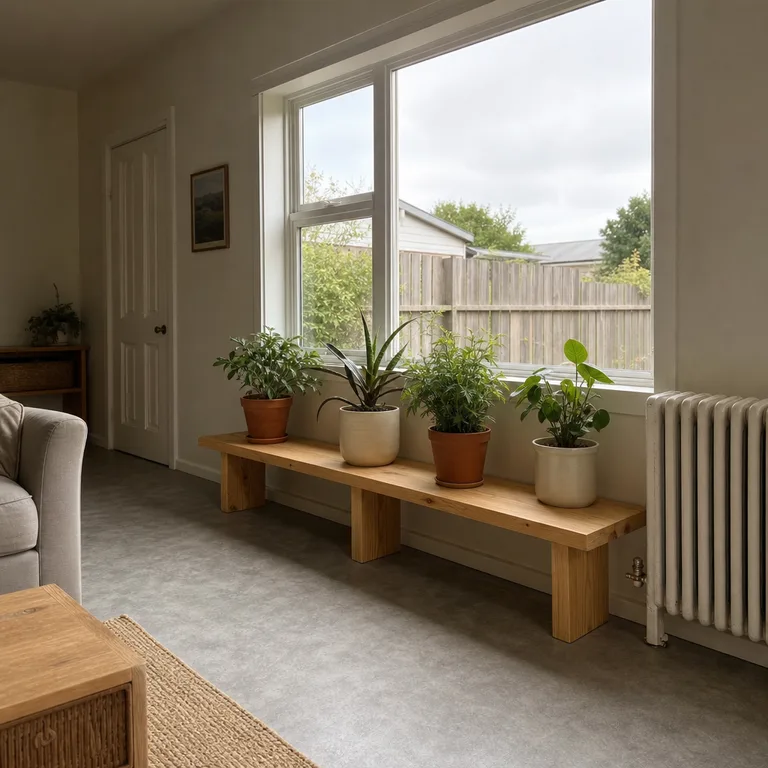 Several houseplants sit on a low wooden bench below a bright living-room window.