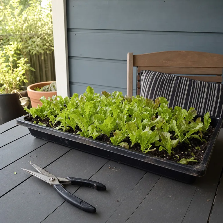 A shallow black tray of young baby lettuce sits on a shaded porch table.