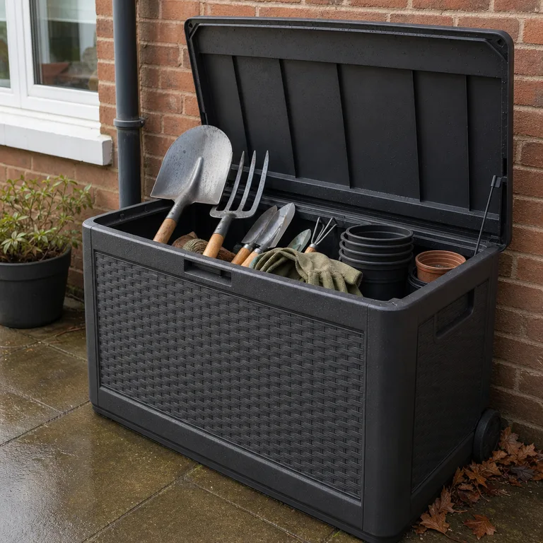 Open resin deck box storing garden tools against a brick patio wall.