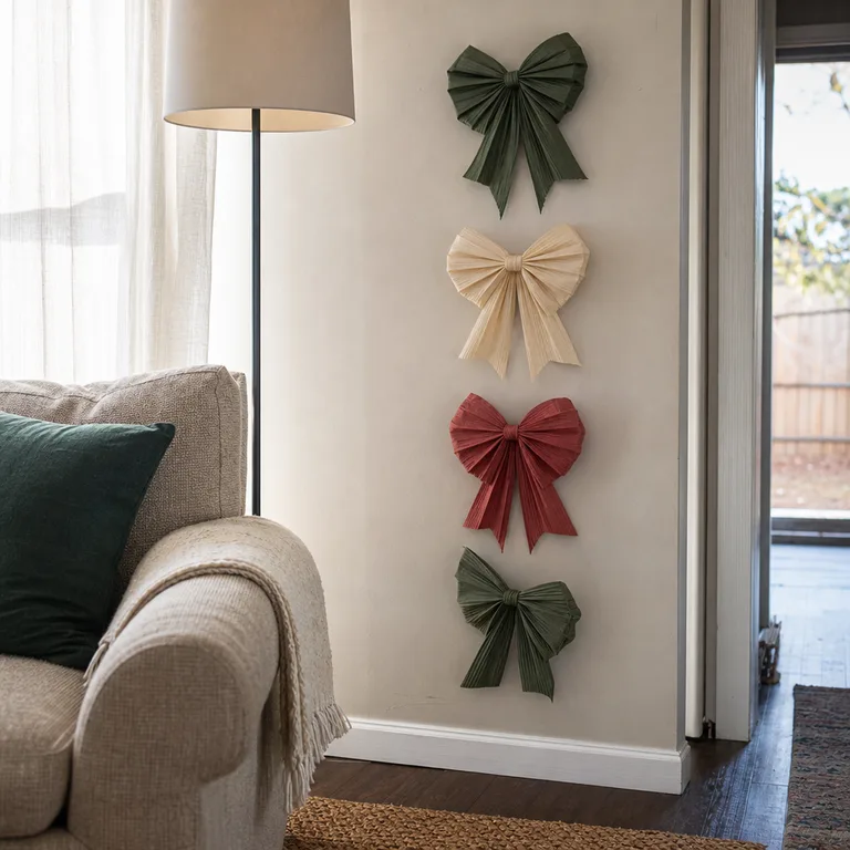Four large folded paper bows in green, cream, and red form a vertical wall grouping beside a sofa.