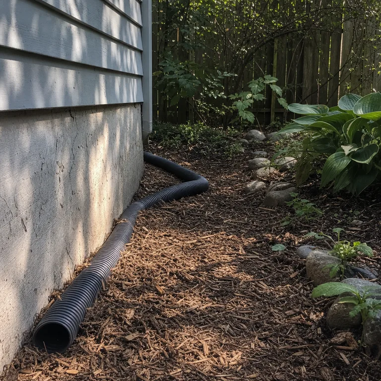 Overflow hose leading from a rain barrel away from a house foundation into a mulched planting area.