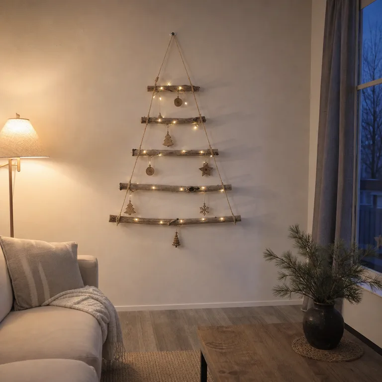 Tapered hanging Christmas tree made from reclaimed branches and jute on a living room wall.