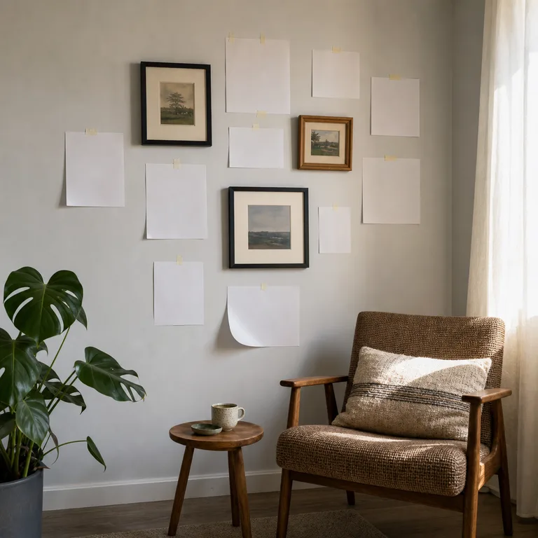 Paper templates and mismatched frames arranged into a loose gallery-wall shape above a reading chair.