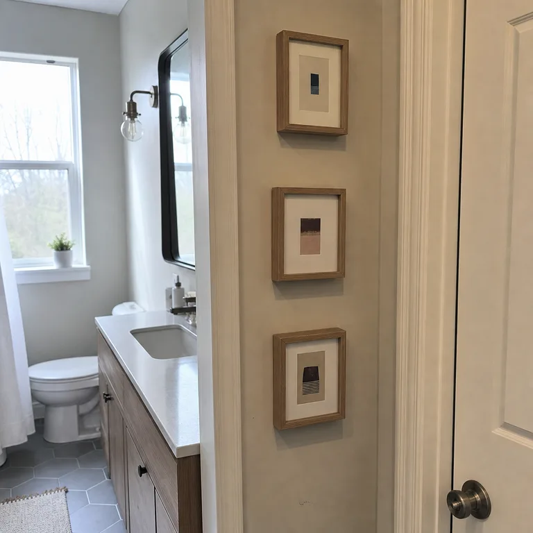Three small pale wood framed prints arranged vertically on a narrow bathroom wall.
