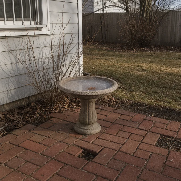 A shallow concrete bird bath on a small brick patio is checked on a frosty winter morning.