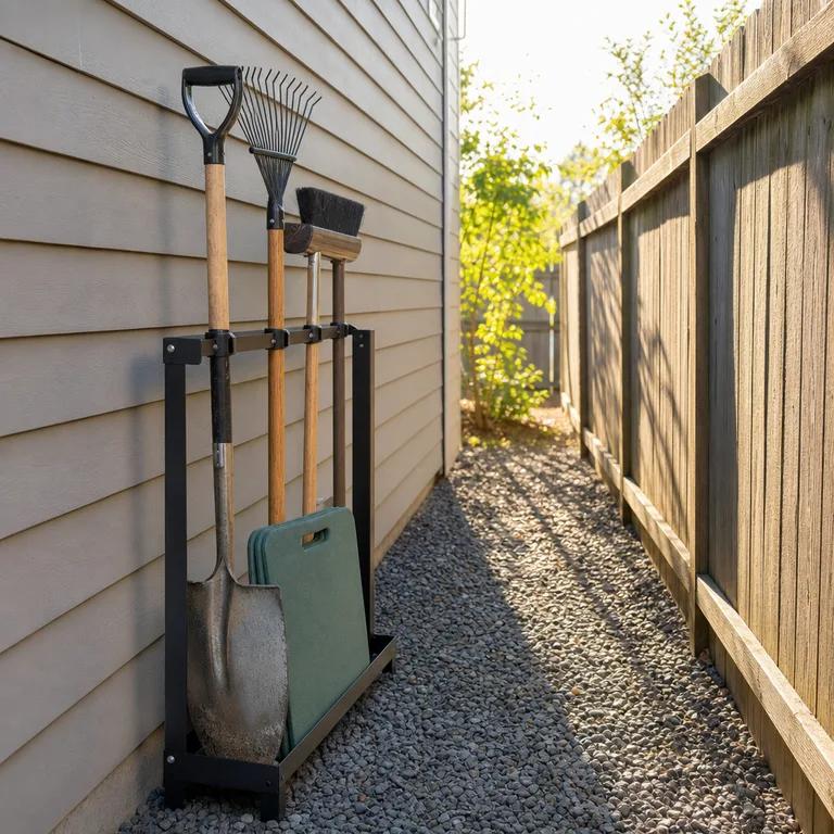 Slim vertical rack holding long garden tools in a narrow side-yard gap.