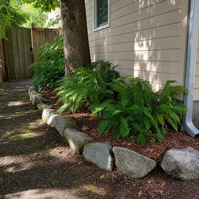 Irregular gray fieldstones edging a shaded side-yard flower bed.