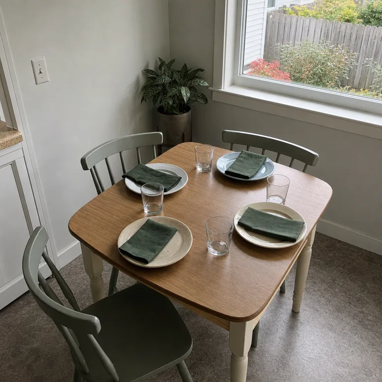 Four different everyday plates unified by matching folded forest-green napkins on a small dining table.