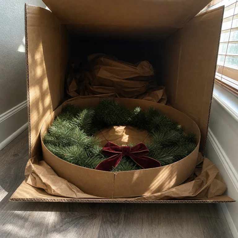 A Christmas wreath padded with kraft paper inside a large cardboard appliance box.