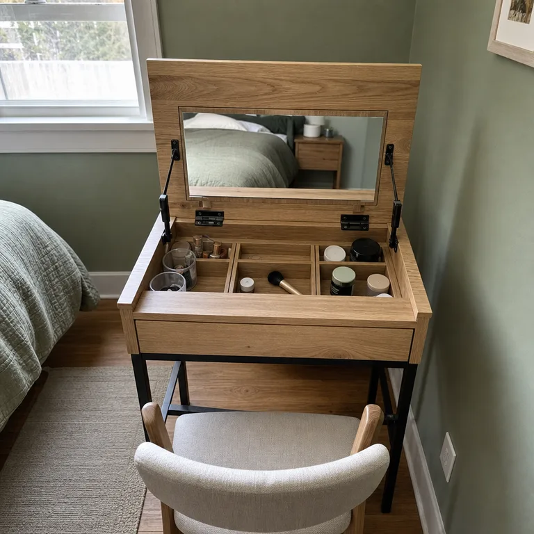 An open lift-top desk revealing a mirror and organized grooming storage inside.