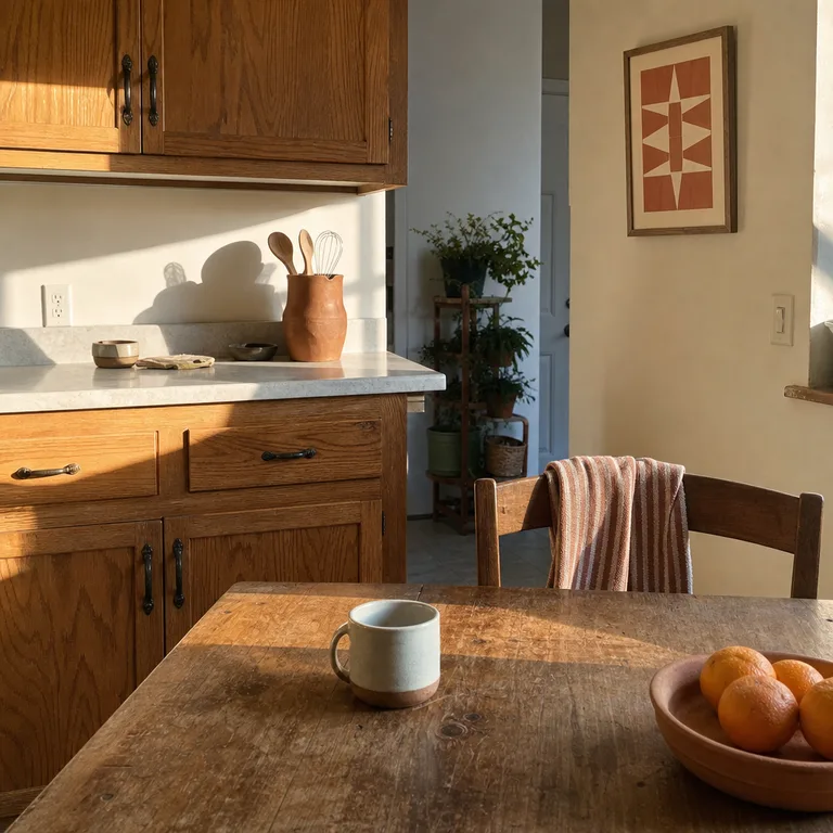 Terracotta print, utensil crock, and striped towel alongside golden oak cabinets.