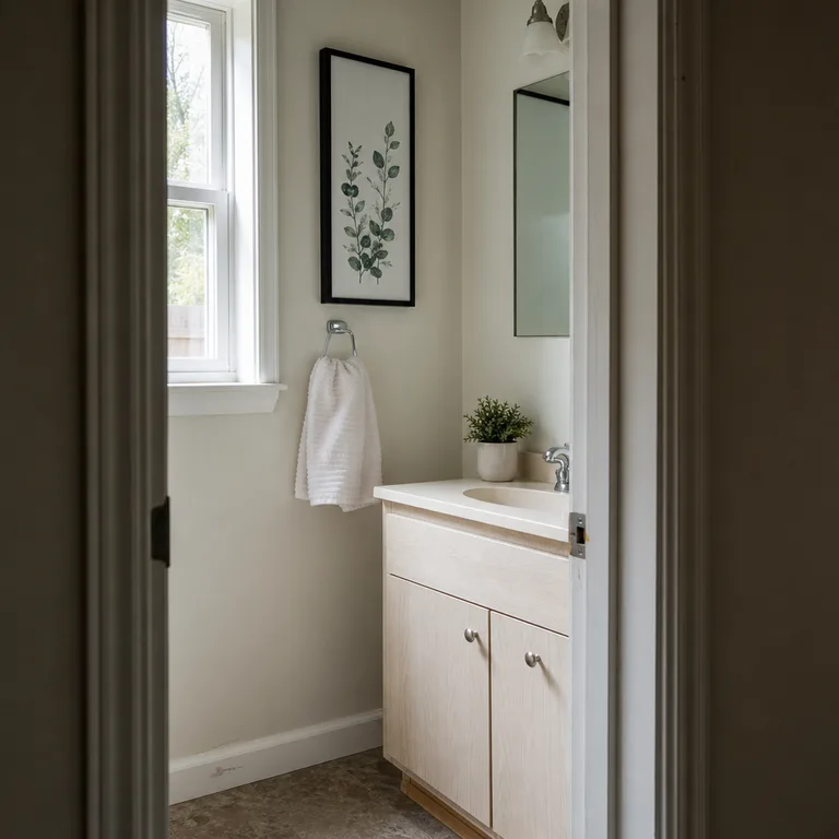 Narrow black-framed botanical print mounted beside a bathroom mirror above a laminate vanity.
