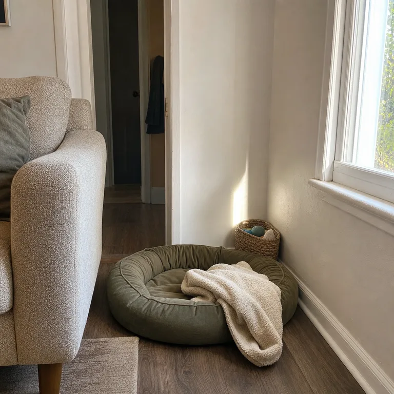 Round green pet bed placed in the corner beside a beige loveseat with a small woven supply basket.