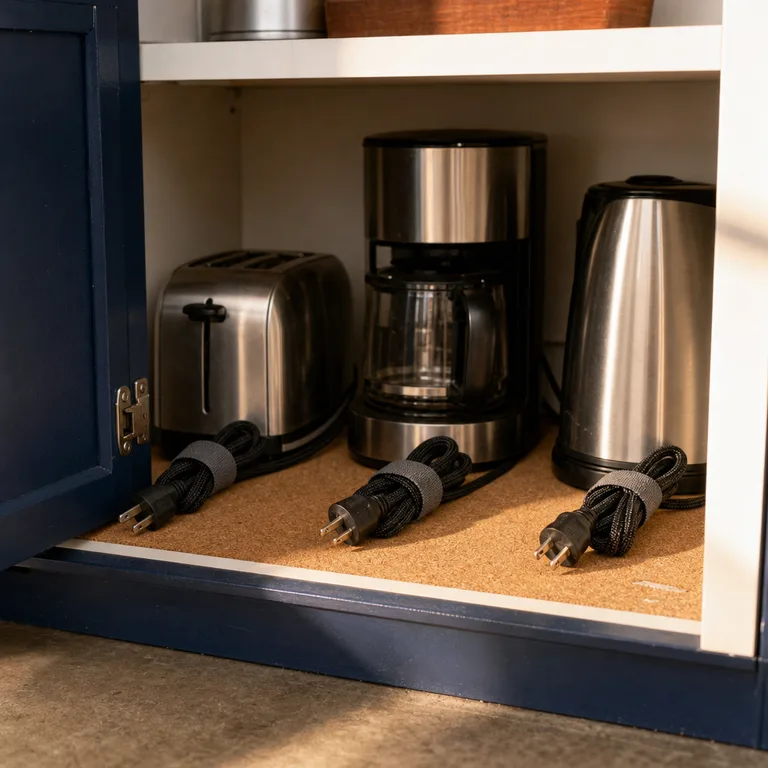 Separate reusable loops keep appliance cords from tangling on a cabinet shelf.