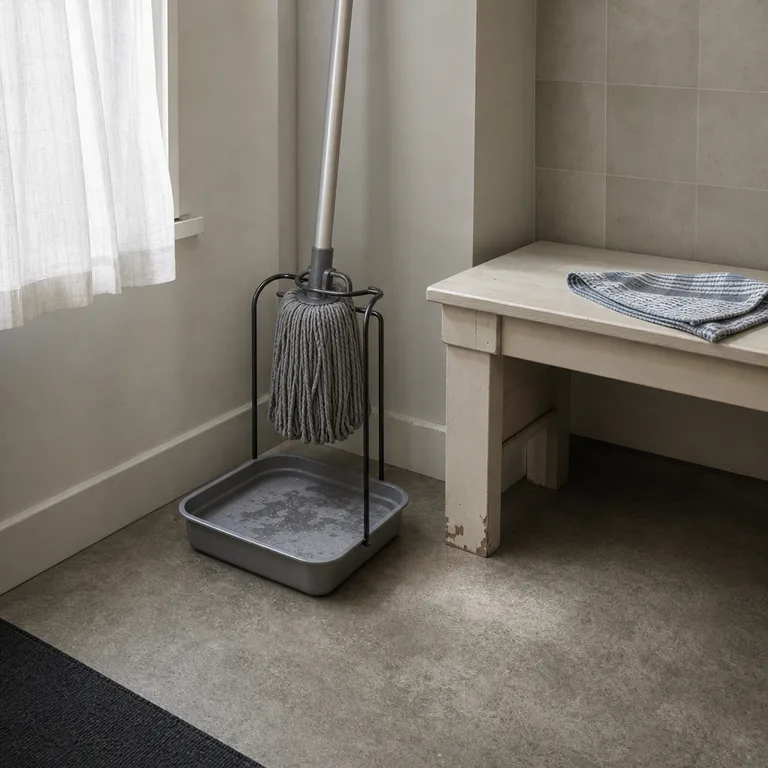 A damp mop hangs over a removable drip tray in a small entry alcove.