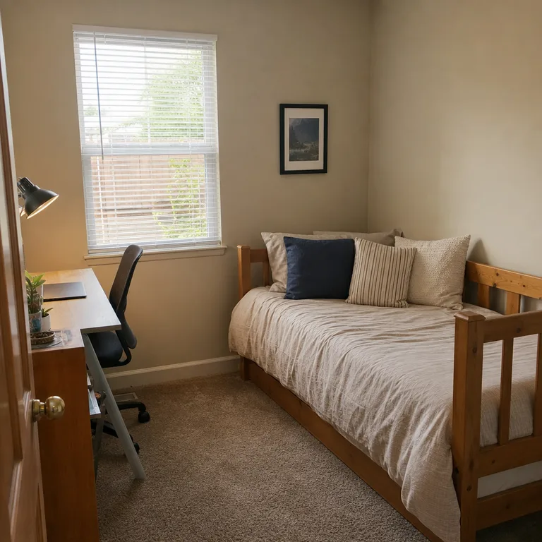 Small spare bedroom with a daybed on one wall and a compact desk opposite it.