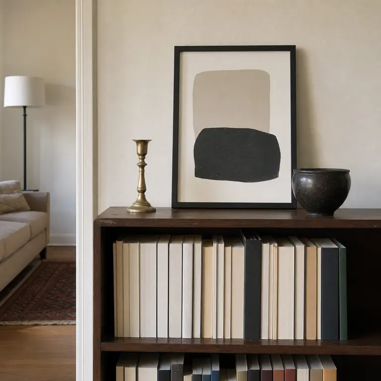Black and brass-tone accents arranged on a living room shelf.