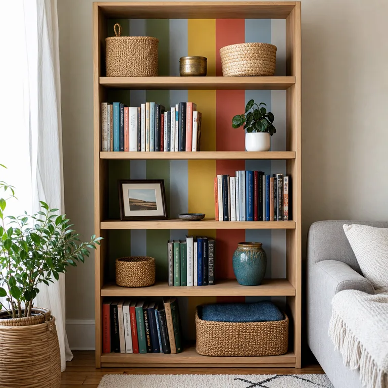 An open living room bookcase with striped removable paper on its back panel.