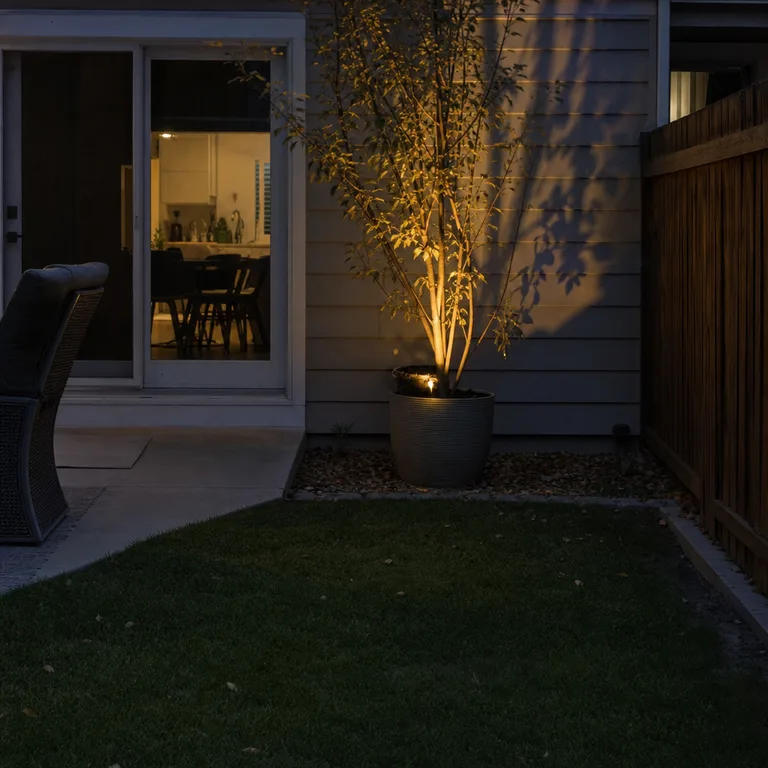 A portable uplight illuminates a small tree in a planter beside a patio.