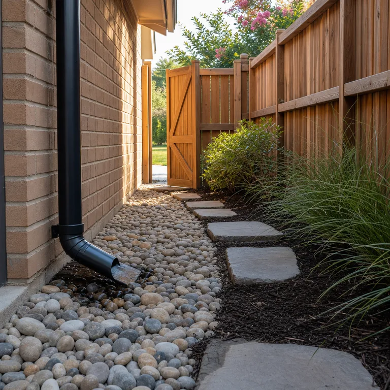 Flat stepping stones cross a shallow river-rock drainage bed running away from a brick house toward a side gate.