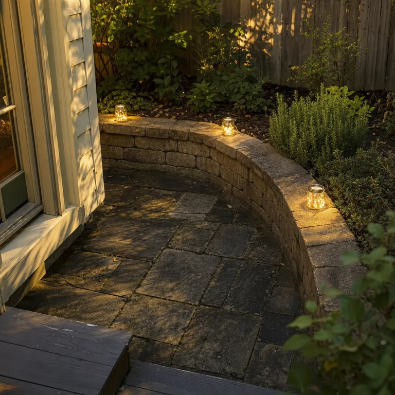 Solar jar lights sit along a low retaining wall around a small paved patio.