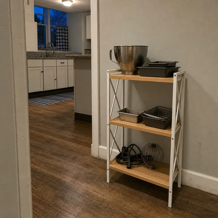 A slim folding shelf near a kitchen doorway temporarily holds clean baking equipment and pans.