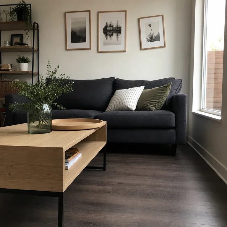 Light oak coffee table and charcoal sofa over dark brown laminate flooring in a small living room.