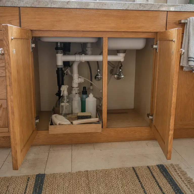 A shallow pull-out caddy stores cleaning supplies at the front of an under-sink cabinet.
