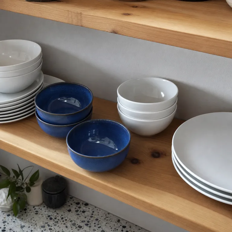 White plates and bowls on a pine shelf with a small repeated group of blue everyday bowls.