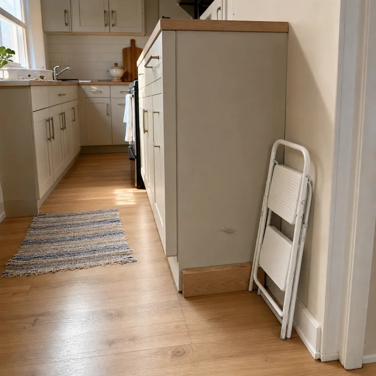 A folded step stool parked beside the end panel of a kitchen cabinet run.