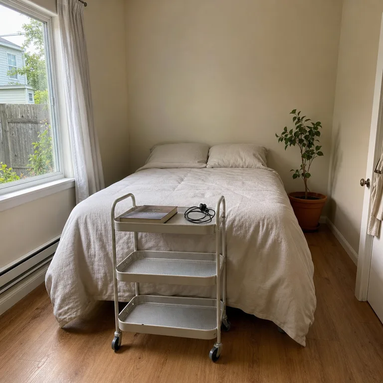 A narrow white rolling cart at the foot of a bed offers movable bedside storage without filling the side gap.