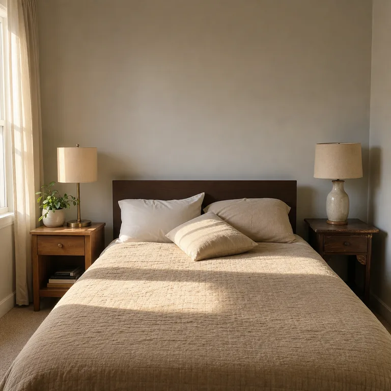 Different bedside lamp bases unified by matching ivory linen shades on either side of a bed.