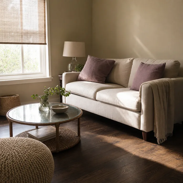 Dusty lavender cushions and oatmeal textiles complement dark walnut flooring in a small living room.