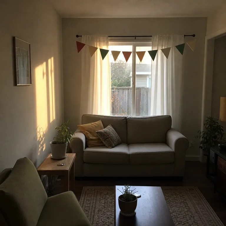 A cream, green, and clay-red paper pennant strand hangs above a small living-room sofa.