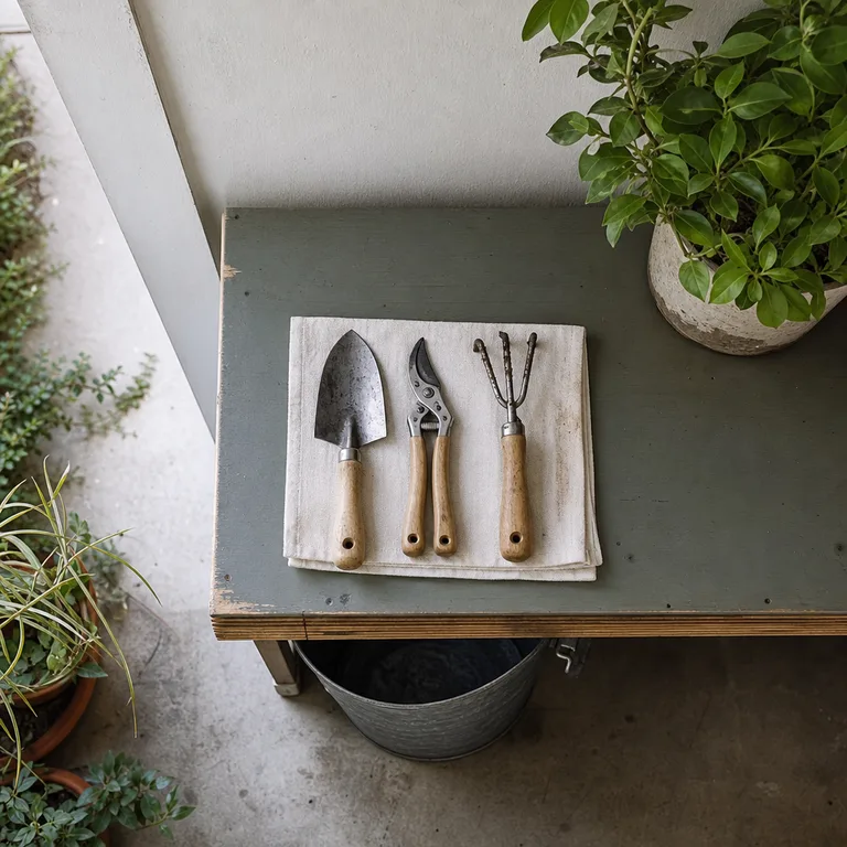 Cleaned garden hand tools drying on a covered patio bench.