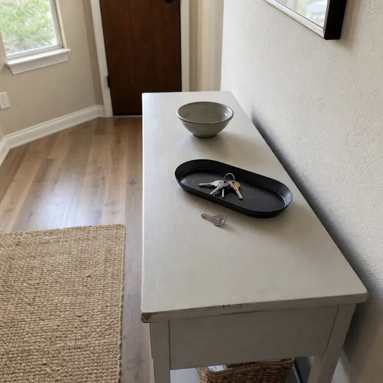 A black tray on a narrow entry console holds keys beside a small ceramic bowl.