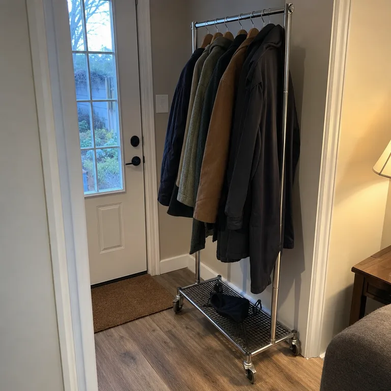 Compact rolling coat rack adds temporary coat storage along the side of a small entryway.