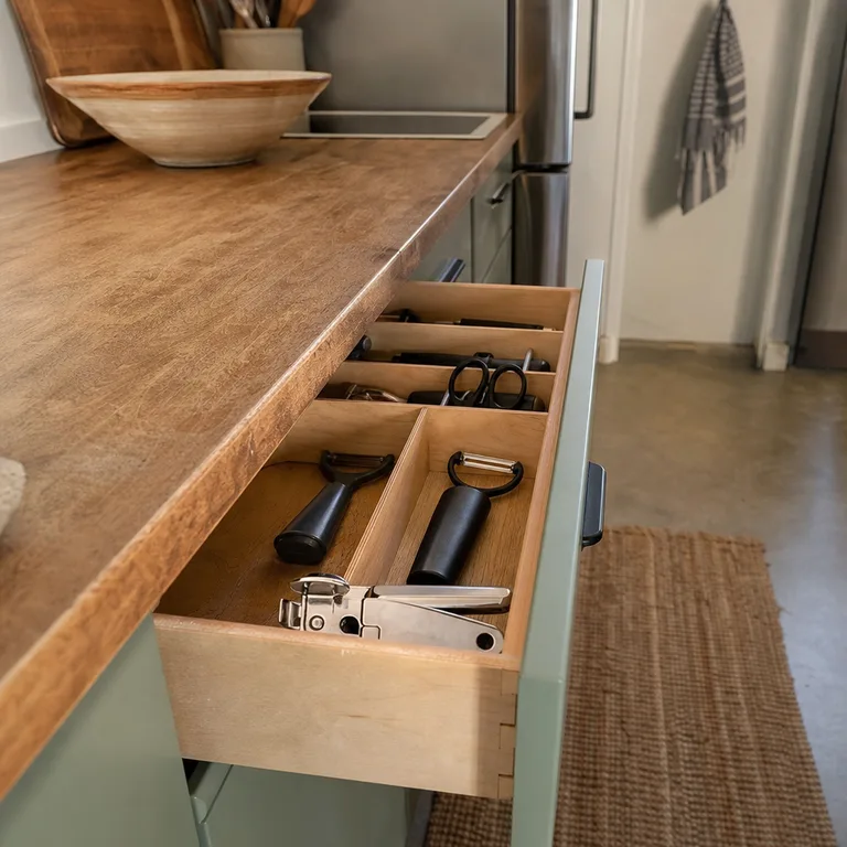Slim drawer lanes organizing peelers, a can opener, and kitchen shears.