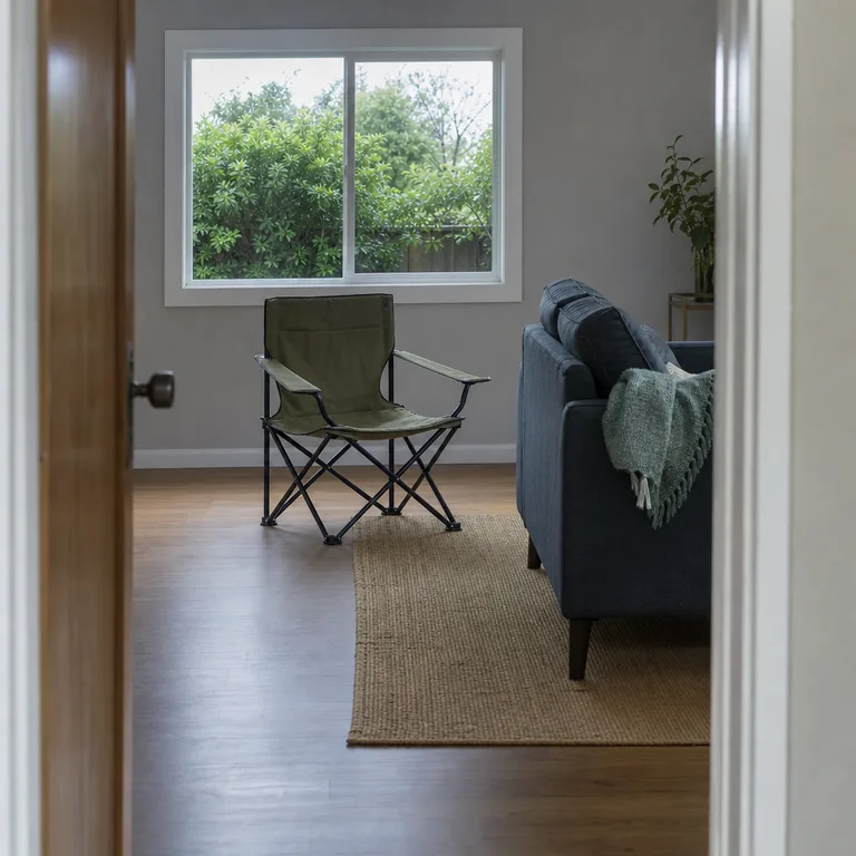 A compact folding sling chair opened behind a small sofa for an extra visitor seat.