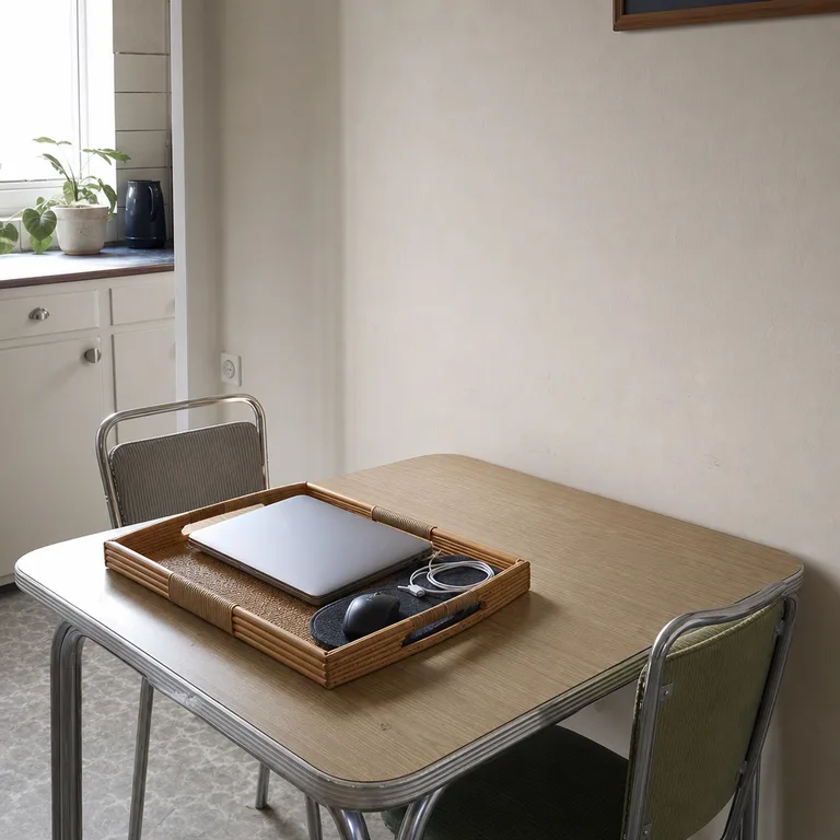 A portable bamboo tray holds a laptop and work supplies on one end of a small kitchen table.