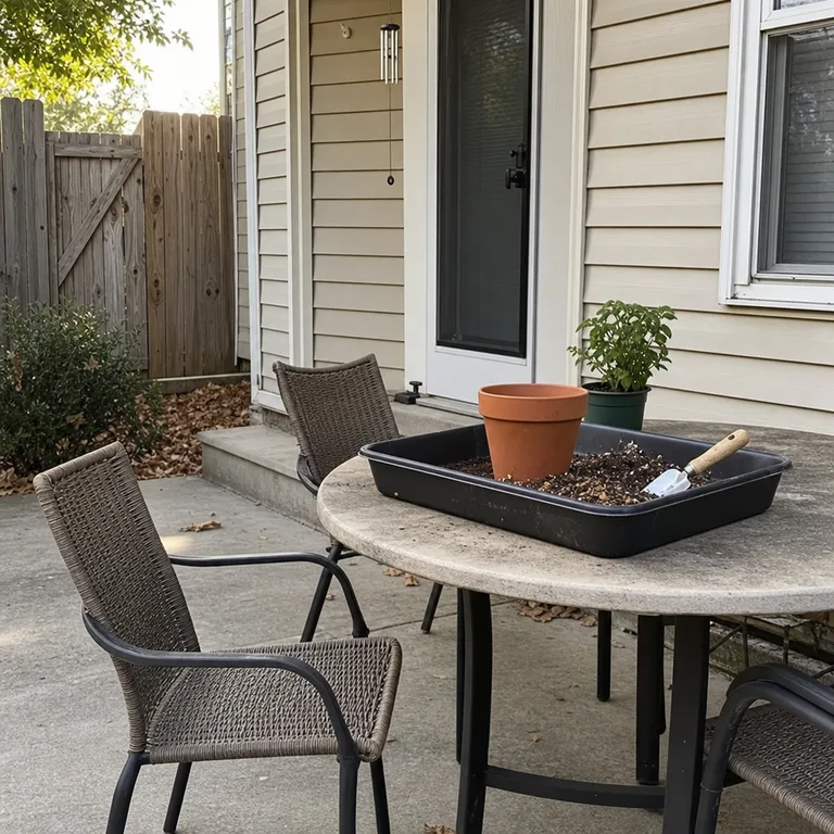 A large black tray on a concrete patio table contains potting soil and a terracotta plant pot.