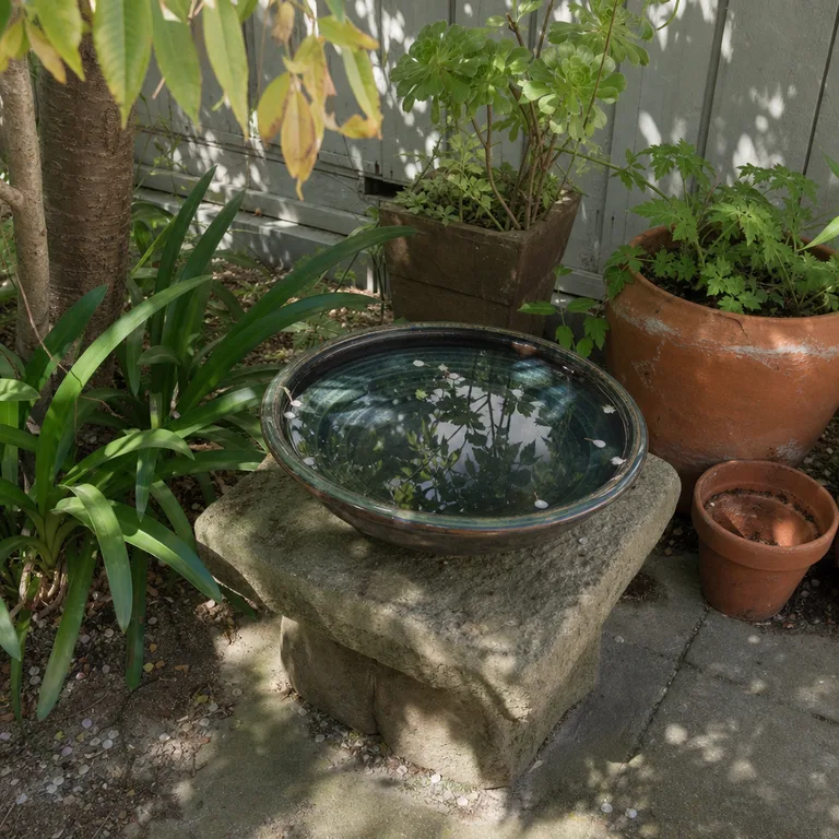 A shallow ceramic water bowl on a low pedestal sits among patio containers.