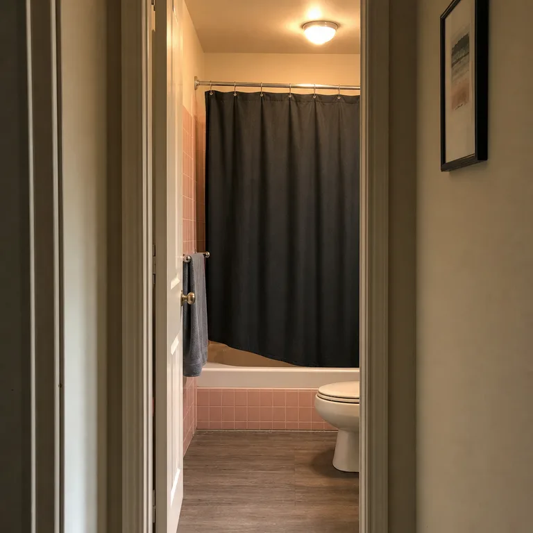 Charcoal shower curtain creating contrast with blush pink bathroom tile.