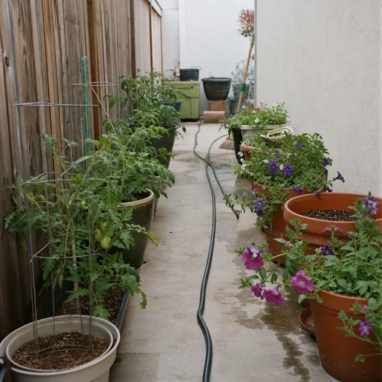 A clear narrow lane behind grouped patio pots allows easy watering and maintenance.