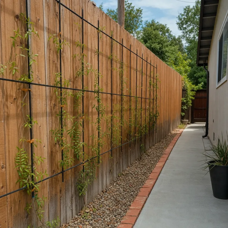 Young climbing plant trained on a flat black trellis attached to a cedar fence beside a narrow concrete path.