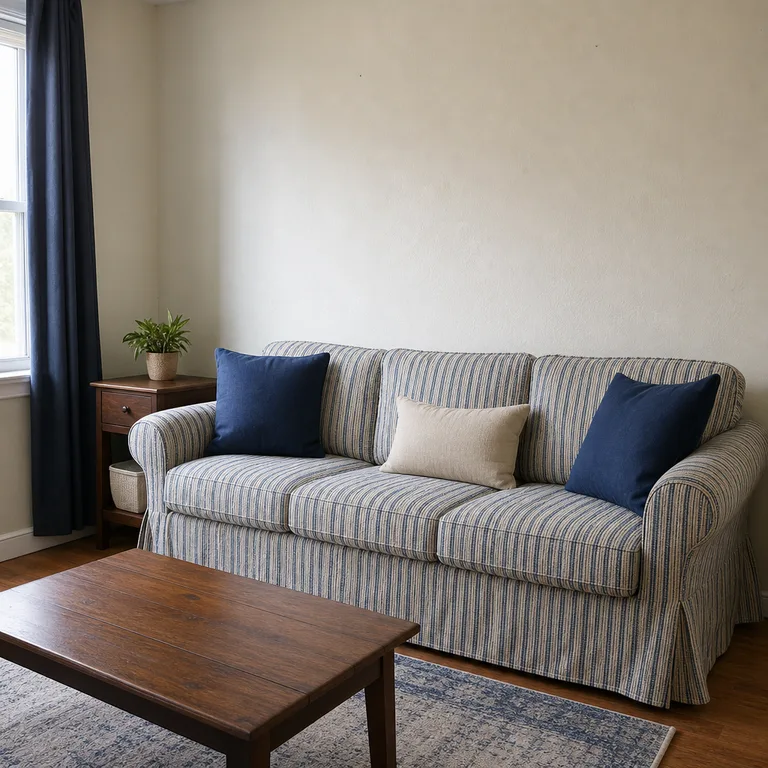 A sofa covered in a blue and cream striped slipcover in a simple living room.