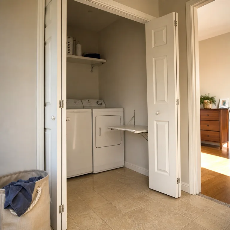Open fold-down shelf creates a temporary folding space beside appliances in a laundry closet.