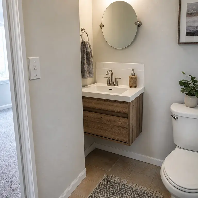 A wall-mounted vanity leaves the bathroom floor visible beneath the sink.
