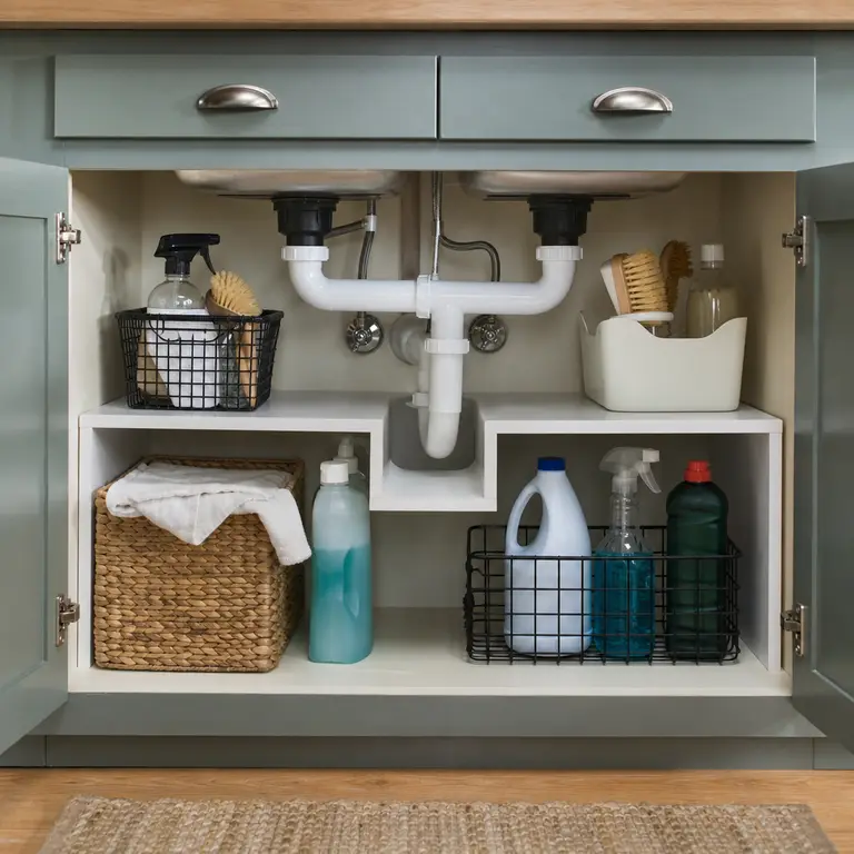 A cutout shelf riser adds two levels of storage around under-sink pipes.